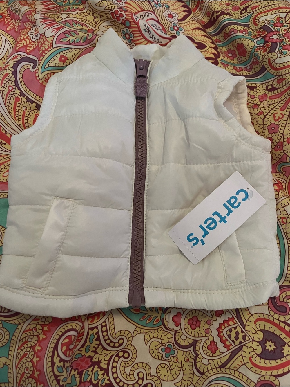 Carter's Cream Quilted Puffer Vest with Purple Zipper